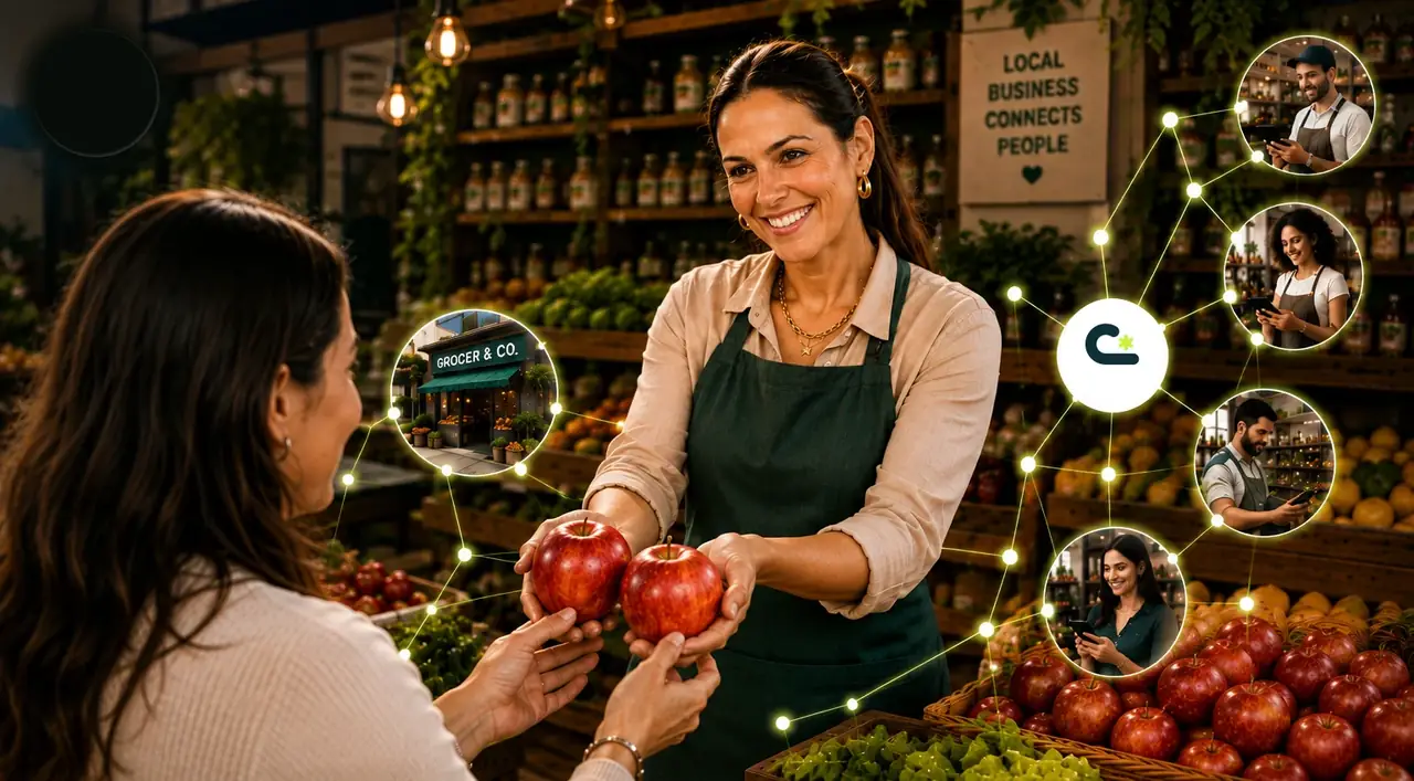 A shopkeeper handing two apples to a customer in a grocery