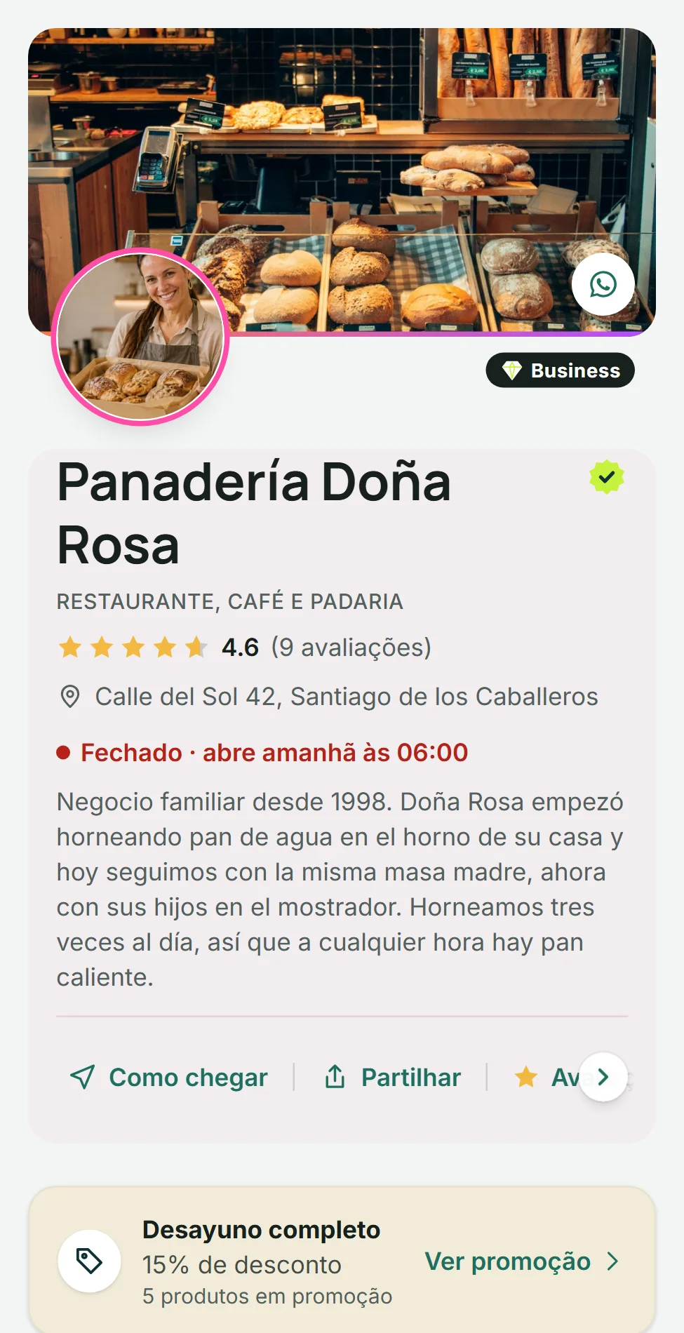 A store page on a phone: cover, name, reviews and opening hours.